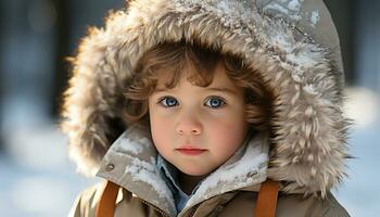 mignonne caucasien enfant souriant en plein air dans hiver portant chaud Vêtements généré par ai photo