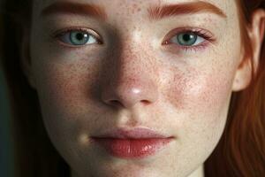 une proche en haut de une femme avec taches de rousseur ai généré photo