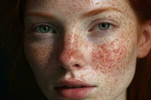 une proche en haut de une femme avec taches de rousseur ai généré photo