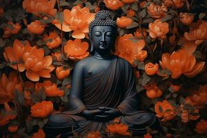 Bouddha statue entouré par Orange fleurs sur une noir Contexte ai généré photo