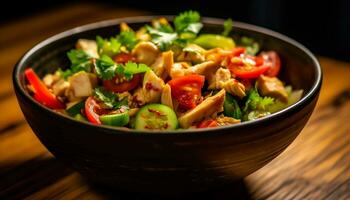 fraîcheur et en bonne santé en mangeant dans une gourmet végétarien salade bol généré par ai photo