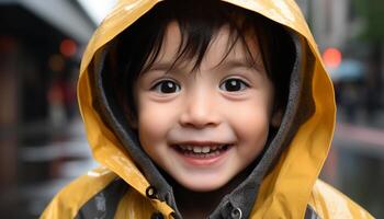 souriant enfant dans imperméable jouit en jouant en plein air dans le pluie généré par ai photo