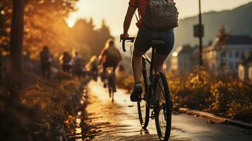 le coucher du soleil cyclisme aventure avec copains dans le cœur de le ville photo