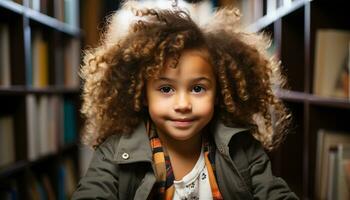 souriant enfant, mignonne portrait, de bonne humeur à l'intérieur, garçons apprentissage dans bibliothèque généré par ai photo