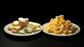 pile de fromage sur deux assiettes isolé sur noir Contexte. génératif ai photo