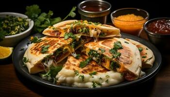 fraîchement grillé Viande sur une en bois assiette avec en bonne santé des légumes généré par ai photo