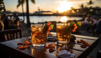 boisson cocktail en plein air à coucher de soleil, bar bois tableau, la nature fraîcheur généré par ai photo