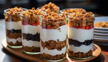 Frais fruit parfait avec fait maison granola et crémeux yaourt couches généré par ai photo