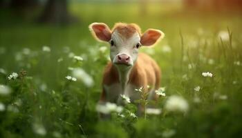 mignonne vache pâturage dans vert prairie, profiter le été en plein air généré par ai photo