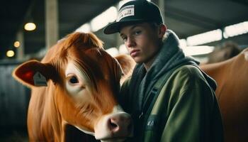 une agriculteur avec une vache sur une rural laitier ferme généré par ai photo