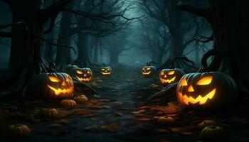 Halloween citrouille brille, effrayant nuit, mal forêt, terrifié visages généré par ai photo