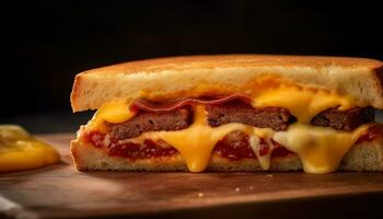 grillé du boeuf Burger avec fondu fromage, Frais tomate sur chignon généré par ai photo