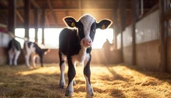 mignonne Jeune vache permanent dans vert pâturage, à la recherche à caméra généré par ai photo