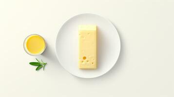 minimaliste photo de une tranche de fromage sur une blanc assiette à côté de Miel. génératif ai