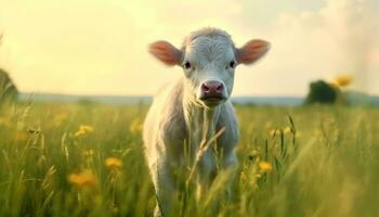 mignonne vache pâturage dans vert prairie, entouré par tranquille la nature généré par ai photo