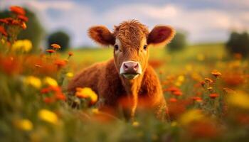 Jeune vache pâturage dans une prairie, entouré par Frais vert herbe généré par ai photo