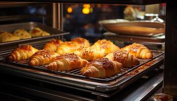 fraîchement cuit des croissants sur une cuisson feuille dans une gourmet cuisine généré par ai photo