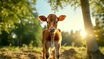 une mignonne vache broute sur le vert Prairie à le coucher du soleil généré par ai photo