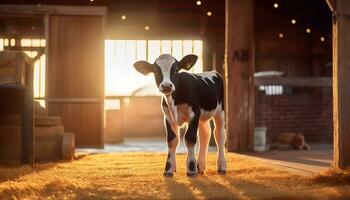 vache pâturage dans une prairie, à la recherche à caméra pendant le coucher du soleil généré par ai photo