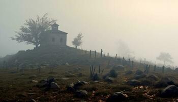 christianisme ancien chapelle des stands dans le tranquille Prairie à Aube généré par ai photo