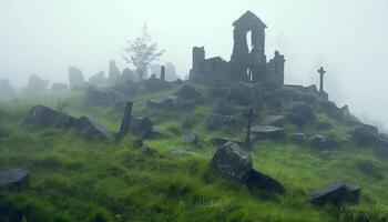 ancien ruiné architecture révèle mystère de spiritualité dans brumeux paysage généré par ai photo