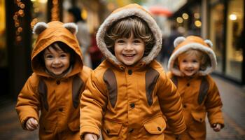 souriant les enfants en jouant en plein air, profiter hiver, création joyeux famille souvenirs généré par ai photo