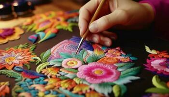 une fille main en portant coloré fil de discussion, artisanat magnifique fait maison décorations généré par ai photo