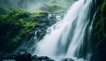 écoulement l'eau cascades vers le bas une majestueux montagne, création une tranquille scène généré par ai photo