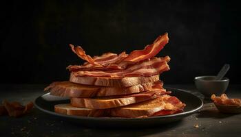 fraîcheur et gourmet tranche de porc sur une rustique foncé assiette généré par ai photo