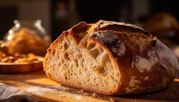 fraîchement cuit fait maison pain sur rustique en bois tableau, prêt à manger gourmet repas généré par ai photo