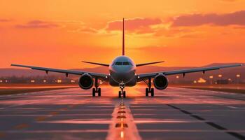 avion prise de à crépuscule, en volant vers une magnifique le coucher du soleil généré par ai photo