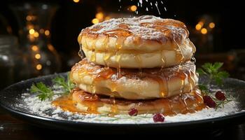 fraîchement cuit fait maison Crêpes empilés haute avec Chocolat et sirop généré par ai photo