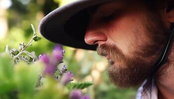 une confiant, souriant homme avec une barbe jouit la nature en plein air généré par ai photo