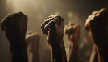 groupe de gens applaudissement, bras soulevé, célébrer Succès dans performance généré par ai photo