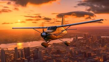 en volant avion plus de paysage urbain à coucher de soleil, capturer aérien vue de crépuscule généré par ai photo