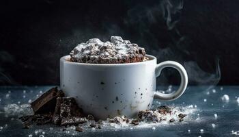 foncé Chocolat café, chaud et mousseux, sur une rustique en bois table généré par ai photo