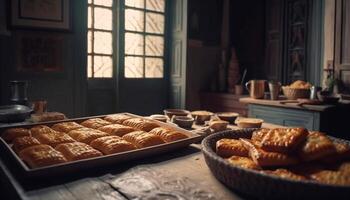 fait maison cuit biscuit sur en bois table dans rustique cuisine généré par ai photo