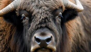 africain buffle pâturage dans le prairie, à la recherche à caméra généré par ai photo