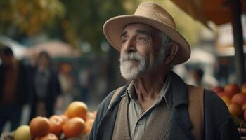 souriant Sénior agriculteur en portant Frais fruit, à la recherche en toute confiance à caméra généré par ai photo