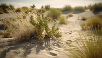 tranquille coucher de soleil, sec le sable dunes, vert herbe, l'eau beauté généré par ai photo