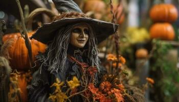 souriant sorcière détient citrouille, célébrer effrayant Halloween dans l'automne en plein air généré par ai photo