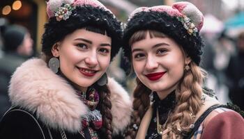 souriant Jeune femmes dans traditionnel Vêtements célébrer hiver en plein air généré par ai photo