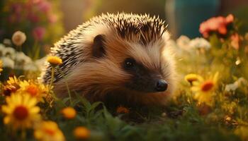 mignonne hérisson dans herbe, petit mammifère avec poil et fourrure généré par ai photo