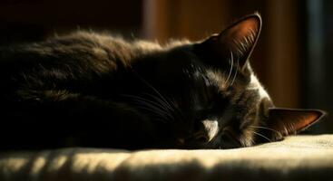 mignonne chaton dormant, duveteux fourrure, douceur, regarder avec Jaune yeux généré par ai photo