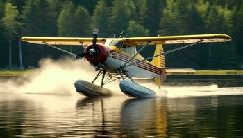 en volant hydravion glisse plus de bleu eau, reflétant Jaune forêt paysage généré par ai photo