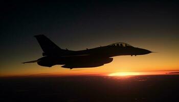 en volant militaire avion dans le coucher du soleil ciel, armé les forces vitrine puissance aérienne généré par ai photo