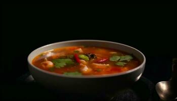 Frais légume soupe, cuit avec Viande et servi dans une bol généré par ai photo