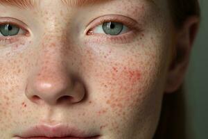 une proche en haut de une femme avec taches de rousseur ai généré photo