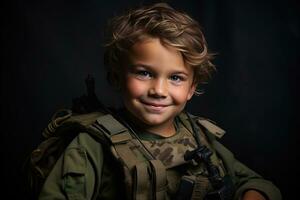 portrait de une mignonne peu garçon dans militaire uniforme sur foncé Contexte ai généré photo