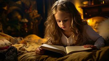 peu fille en train de lire une livre dans le bibliothèque avec l'automne feuilles autour son. génératif ai photo